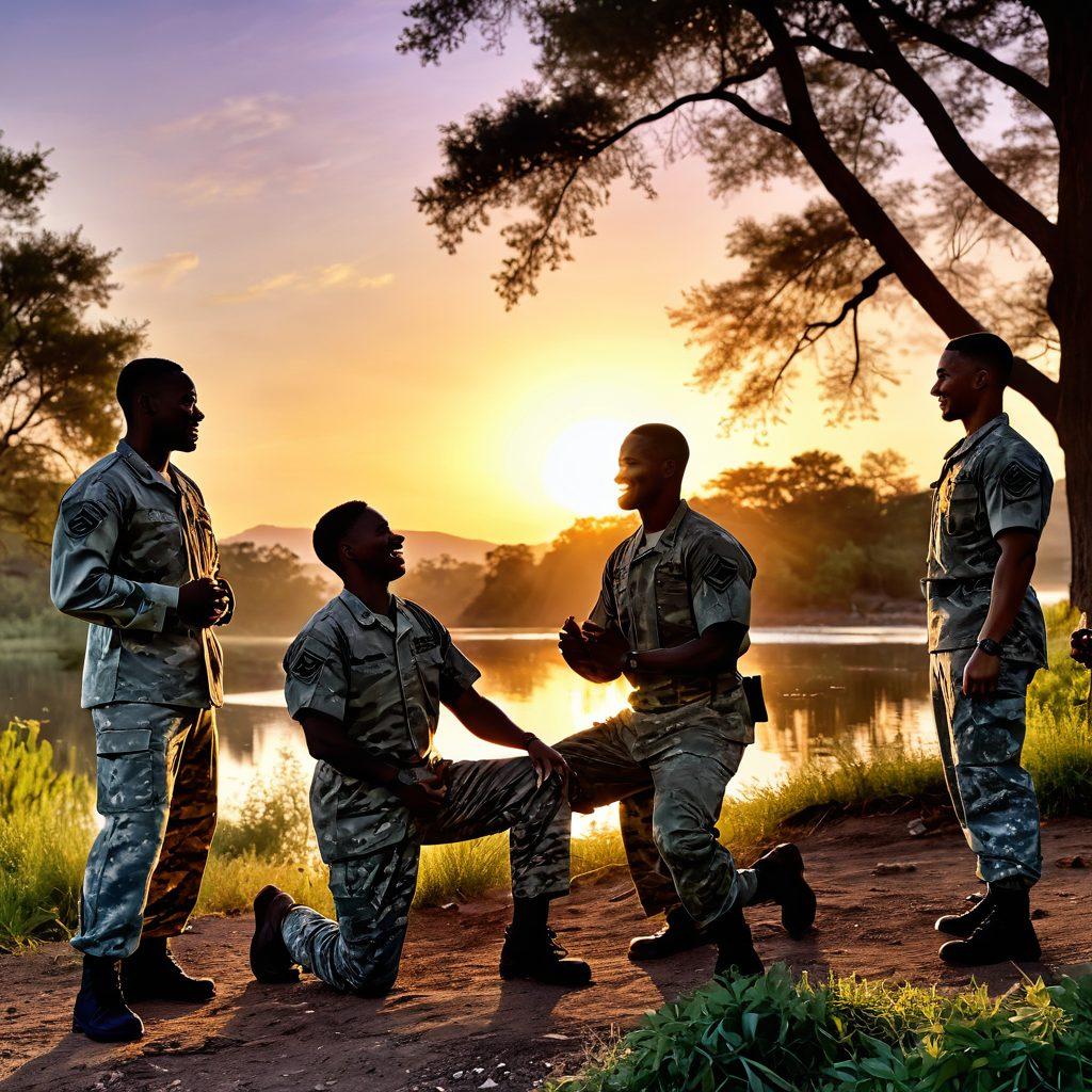 A powerful scene depicting a diverse group of military personnel sharing a moment of camaraderie, smiling and engaged in a group activity, surrounded by nature. The mood is uplifting and filled with warmth, showcasing elements of mental wellness like meditation and team-building exercises. The background features a beautiful sunset, symbolizing hope and resilience. The atmosphere conveys strength through unity, with a focus on emotional connection. vibrant colors. super-realistic.