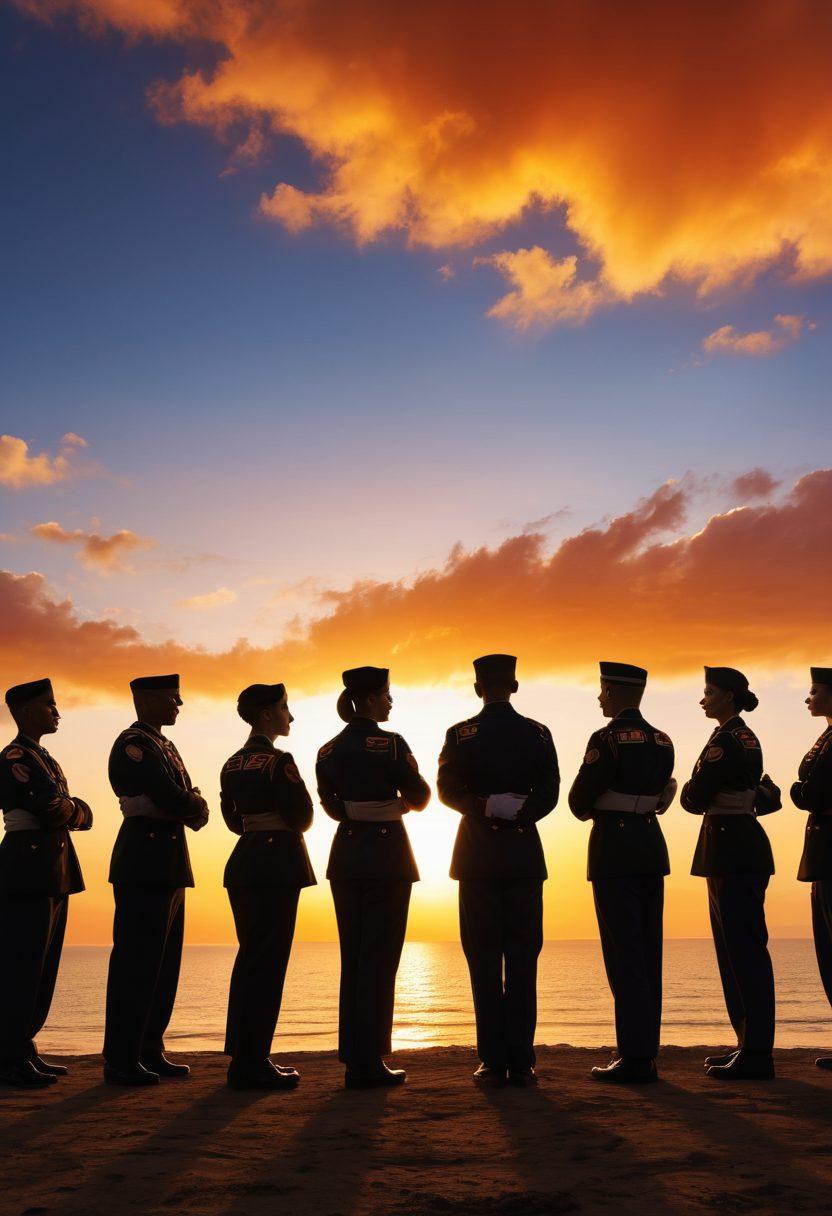 A diverse group of service members, standing united with their arms linked, displaying a sense of camaraderie and empowerment. They are set against a backdrop of a vibrant sunrise, symbolizing hope and positivity. Each member wears their uniforms proudly, showcasing various branches of the military, while their expressions reflect determination and strength. The scene is framed by abstract symbols of support and unity in the sky. super-realistic. vibrant colors. uplifting atmosphere.