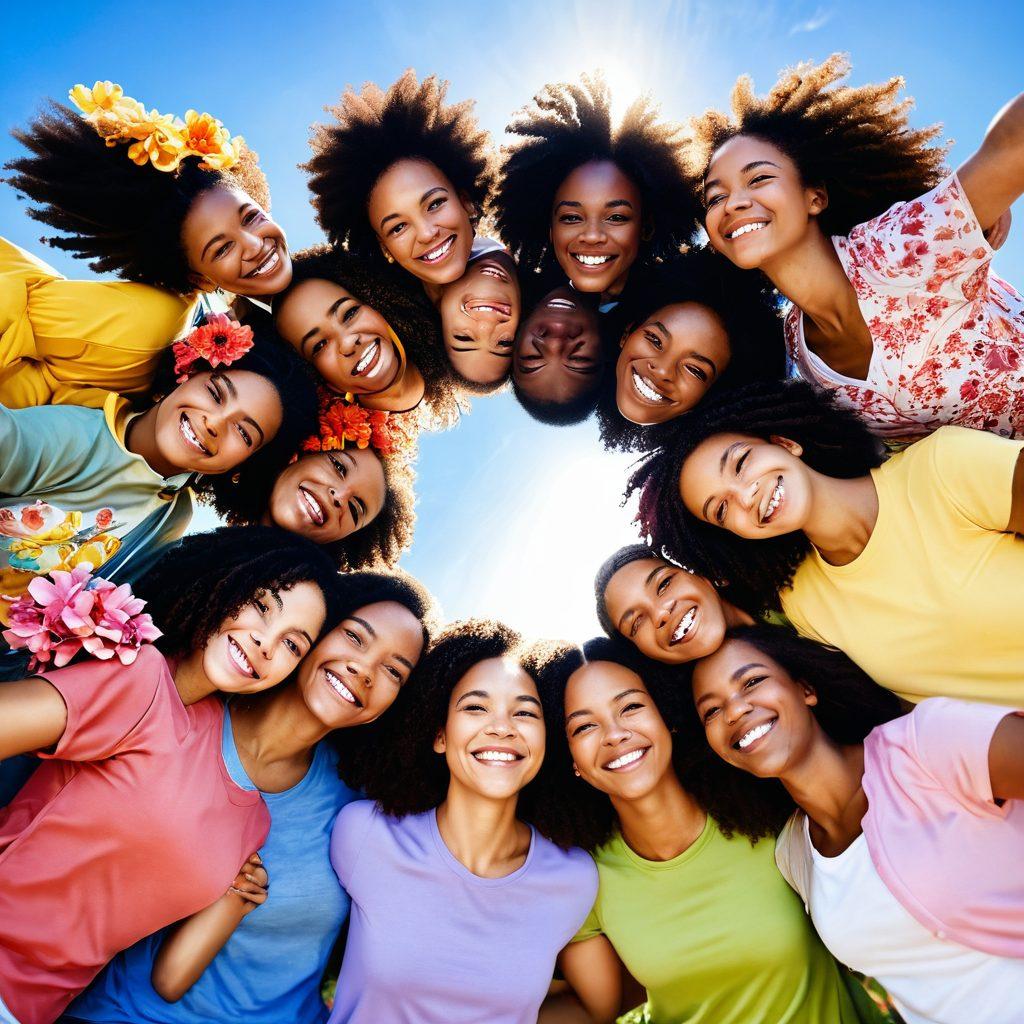 A diverse group of people, united in a circle, sharing smiles, laughter, and hugs, showcasing the strength of support networks. Vibrant flowers and sunshine in the background to symbolize joy and positivity. Soft, warm colors to evoke a sense of community and connection. An inspiring quote subtly displayed in the sky. super-realistic. vibrant colors. outdoor setting.